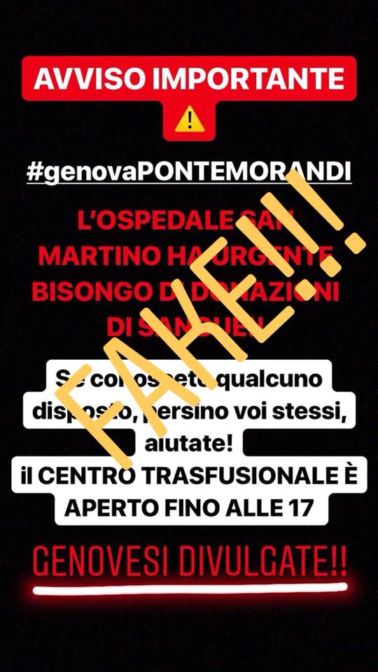 Ponte Morandi, Avis Chiavari avvisa: “Emergenza sangue? Una fake news”