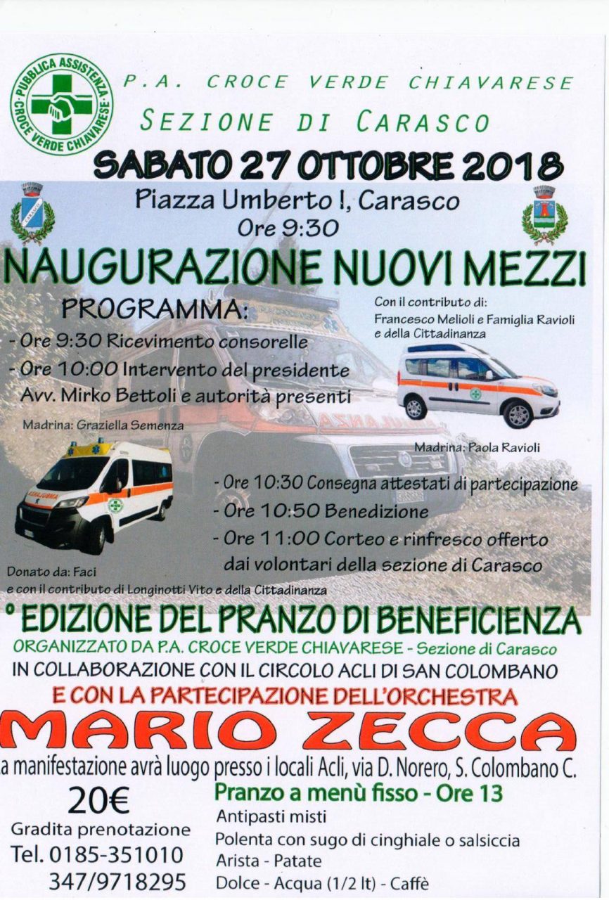 Rinviata l’inaugurazione di due mezzi della Croce Verde di Carasco
