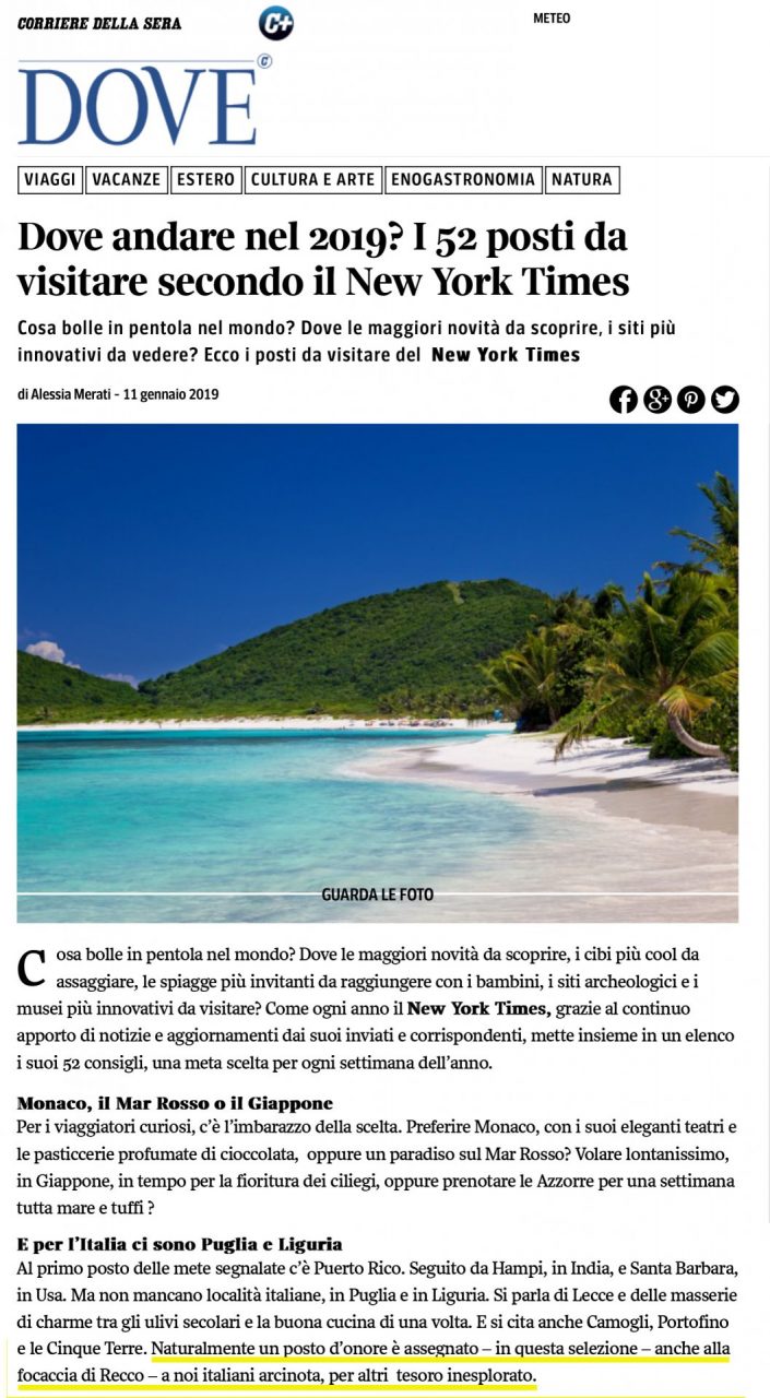 Il Consorzio della Focaccia di Recco ringrazia il New York Times