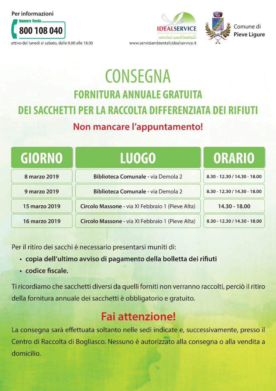 Distribuzione sacchetti per la differenziata, il calendario
