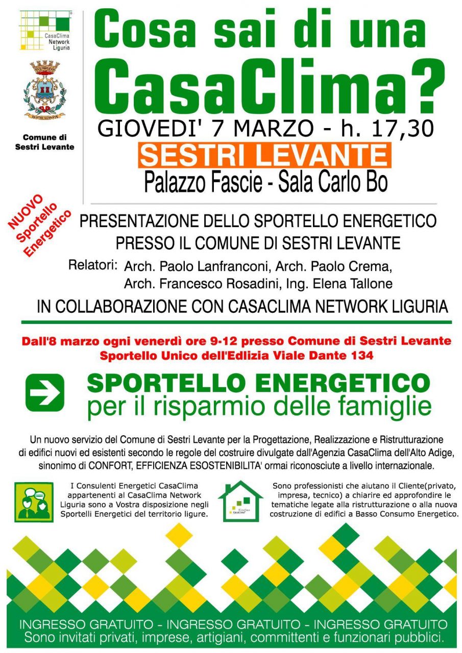 Sestri Levante, oggi presentazione del nuovo Sportello Energetico