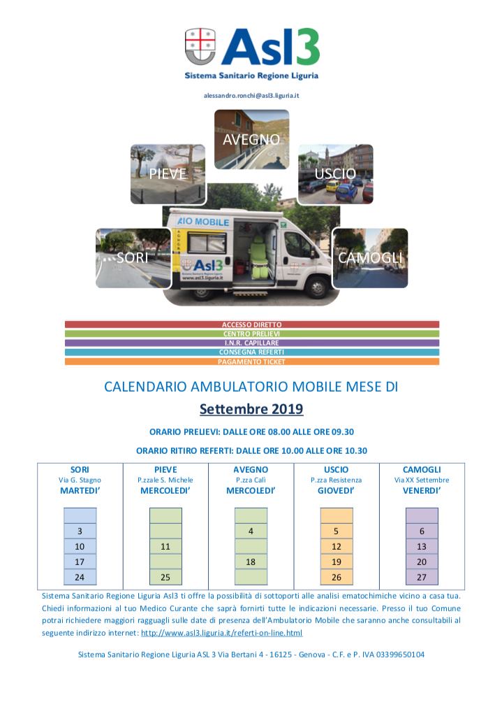 Ambulatorio mobile, le date di settembre a Pieve Ligure