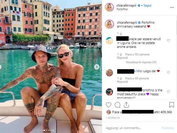 Ferragnez, primo anniversario di matrimonio nel Levante ligure