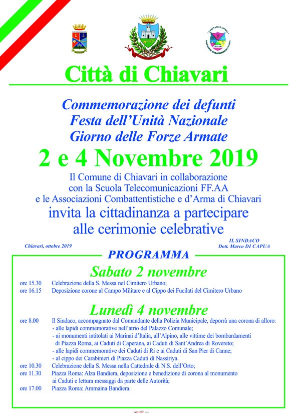 Defunti e Festa delle Forze Armate, il programma a Chiavari
