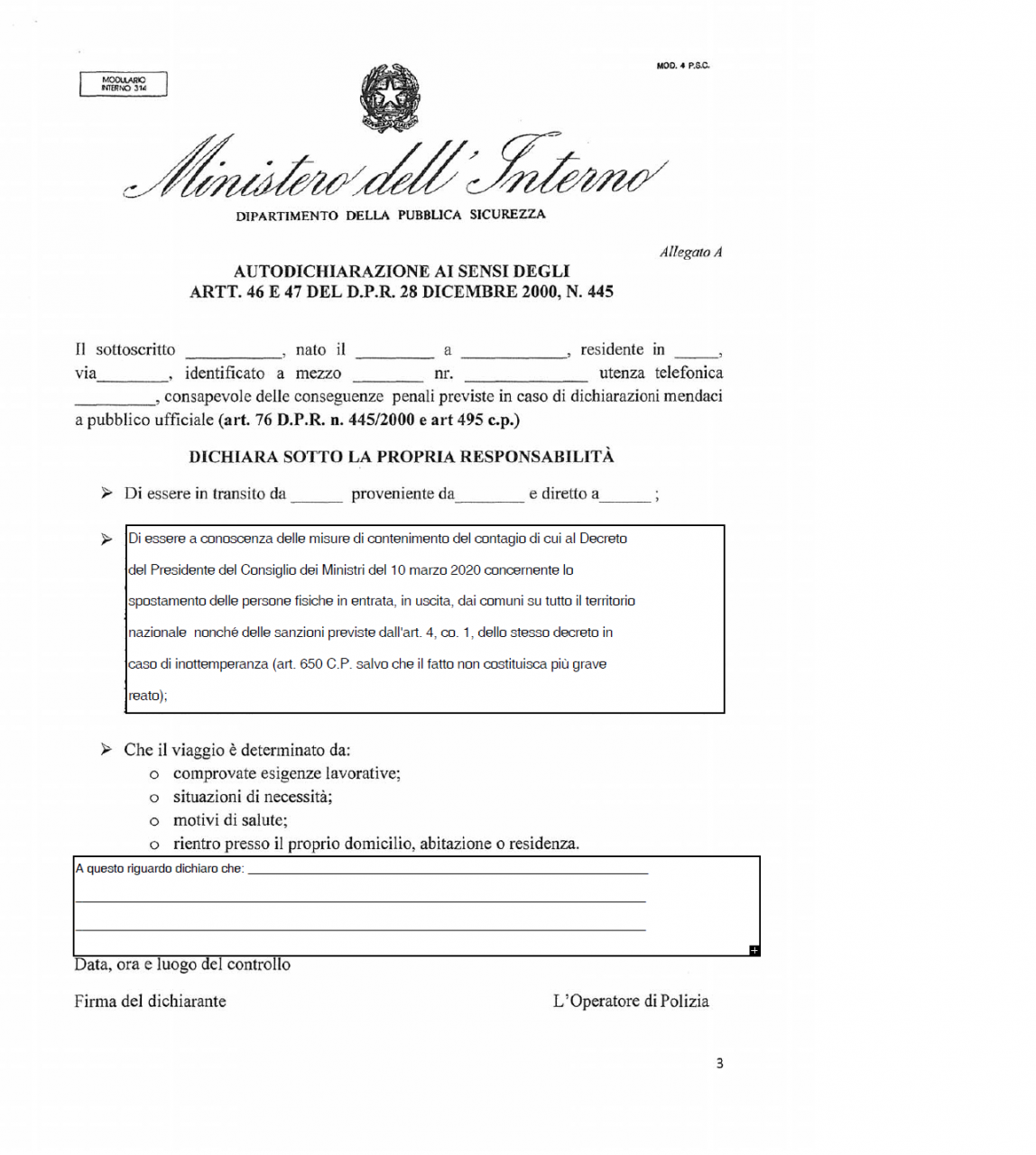 Autocertificazione, il modulo da compilare per uscire