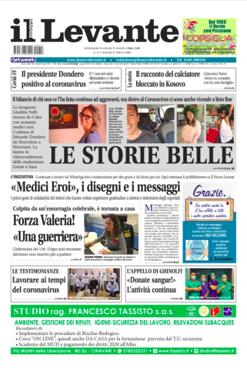 L’altra faccia del coronavirus: le belle storie raccolte dal Nuovo Levante in edicola