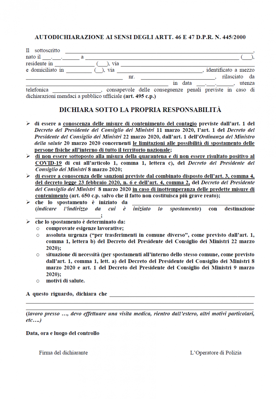 Il nuovo modulo di autocertificazione da scaricare
