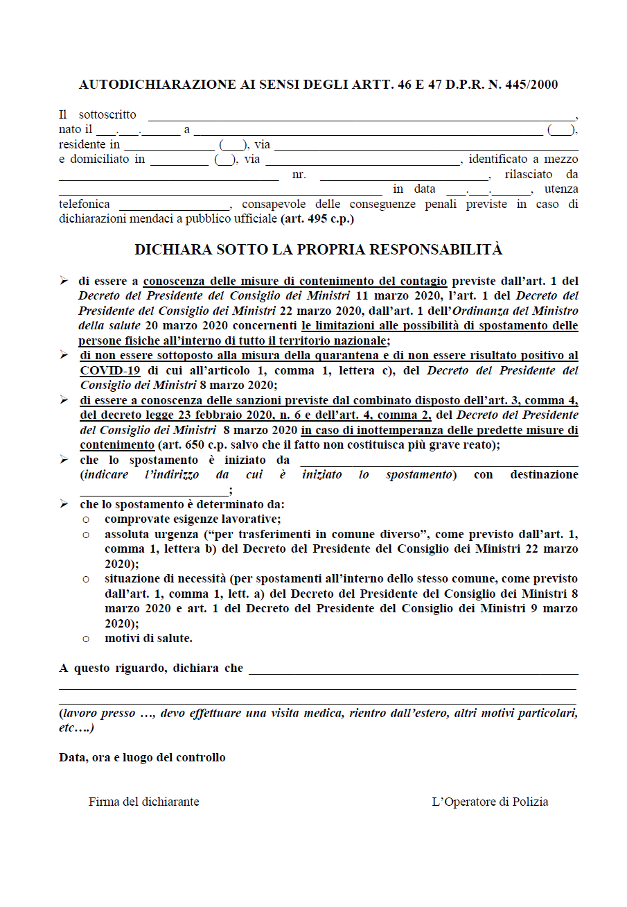 Il nuovo modulo di autocertificazione da scaricare - Prima il Levante