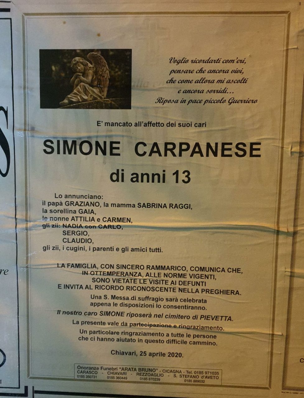 Non ce l’ha fatta Simone: mancato a soli 13 anni