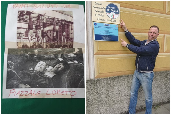 “Tanti saluti da Piazzale Loreto” con le foto di Mussolini e Claretta al Circolo FdI