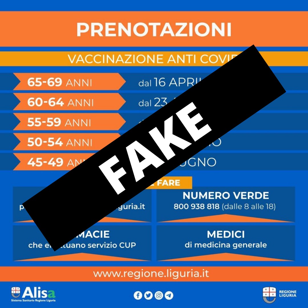 Regione Liguria: “Grafica Fake campagna vaccinale diffusa sui Social Media”