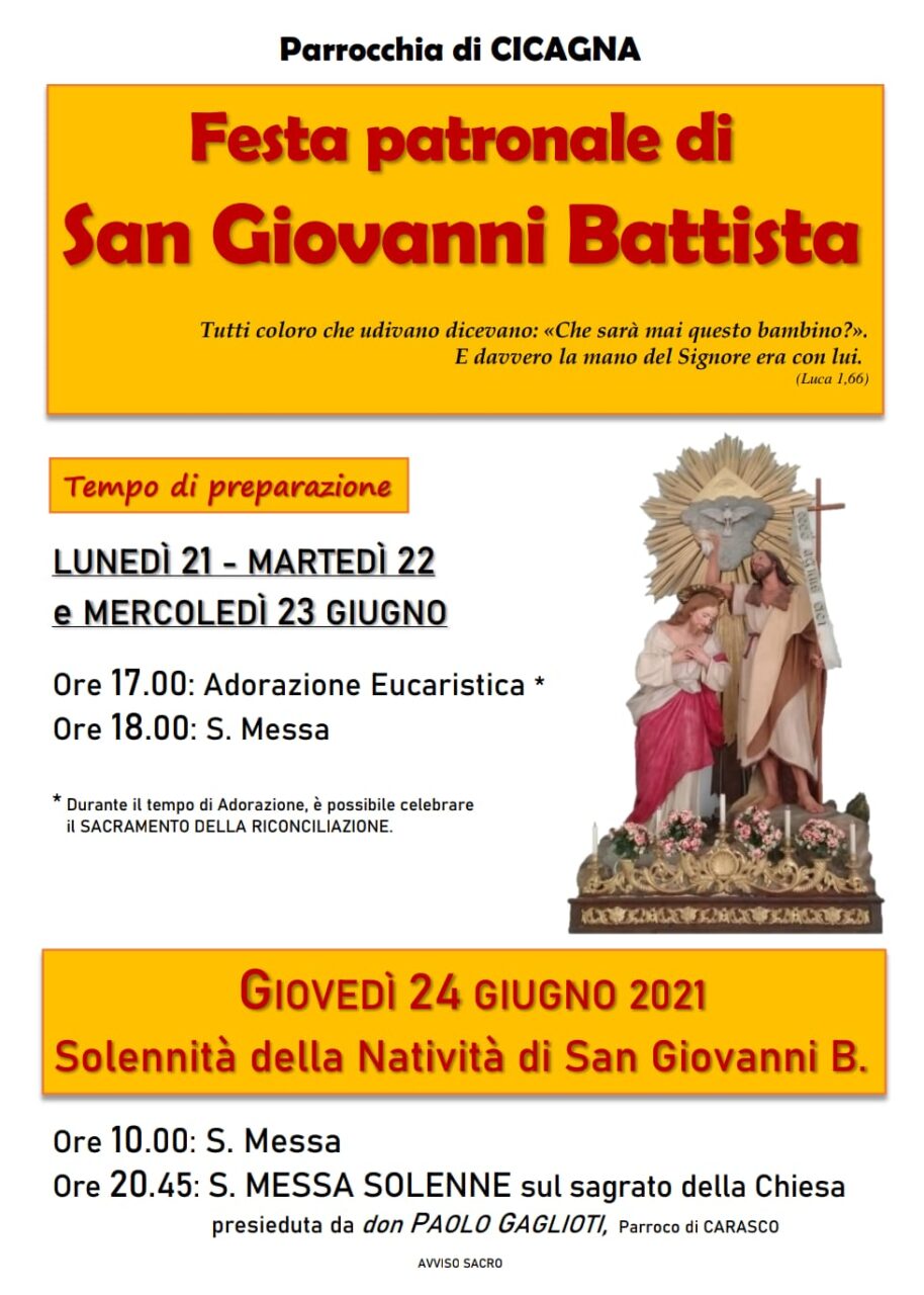 Cicagna, torna la Festa Patronale di San Giovanni Battista