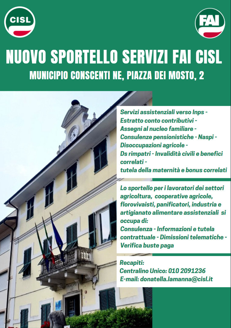 Nuovo sportello servizi Fai Cisl nel Tigullio