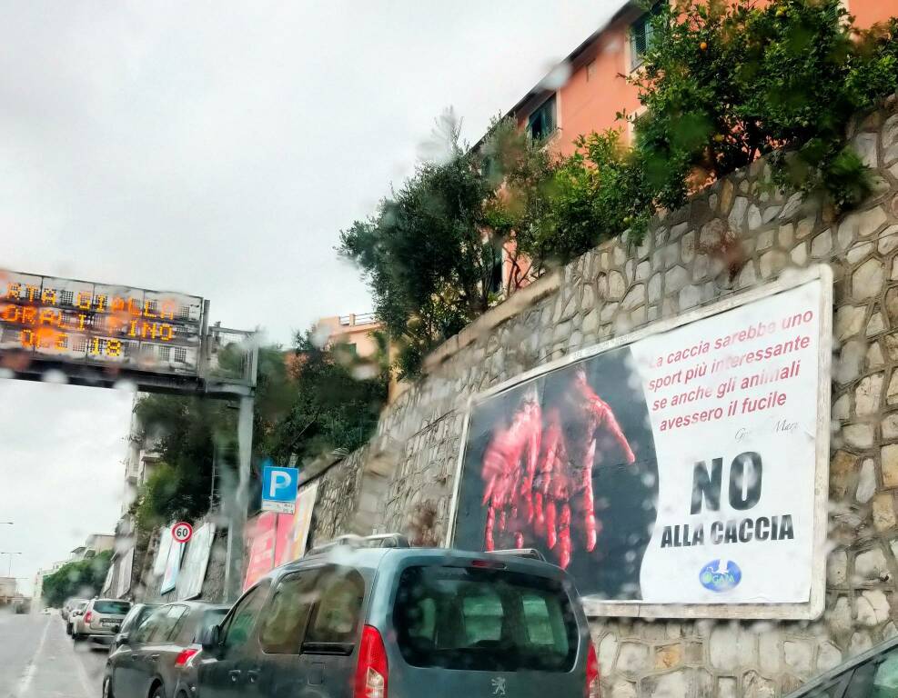 Contro la caccia manifesti shock: mani insanguinate nelle vie del capoluogo