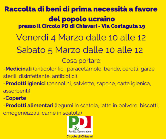 Raccolta per popolo ucraino al circolo PD Chiavari
