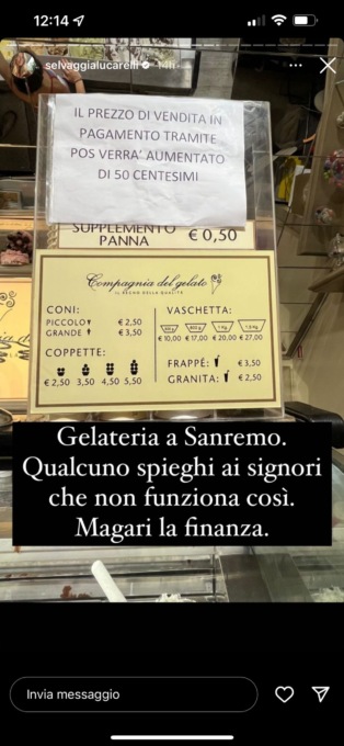 Chi usa il pos paga 50 centesimi in più: gelateria di Sanremo nel mirino di Selvaggia Lucarelli