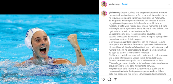 Si ritira la campionessa di pallanuoto Giulia Emmolo, ex del Rapallo