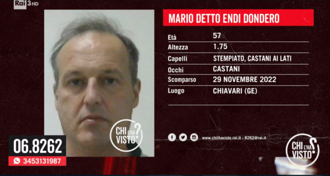 Scomparsa di Mario ‘Endi’ Dondero, il caso a Chi l’ha visto?
