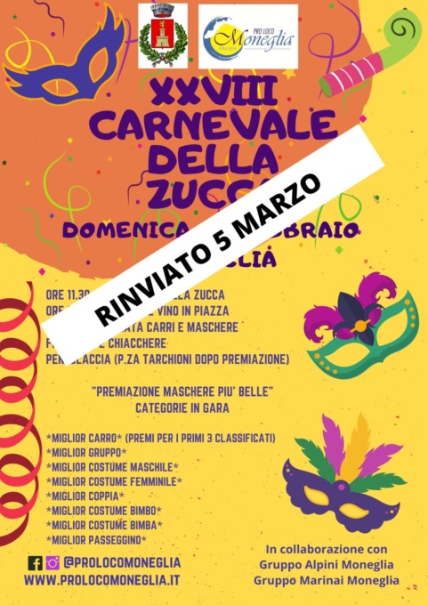Rinviati al 5 marzo il Carnevale della Zucca di Moneglia e il Carlevâ Recchelin di Recco