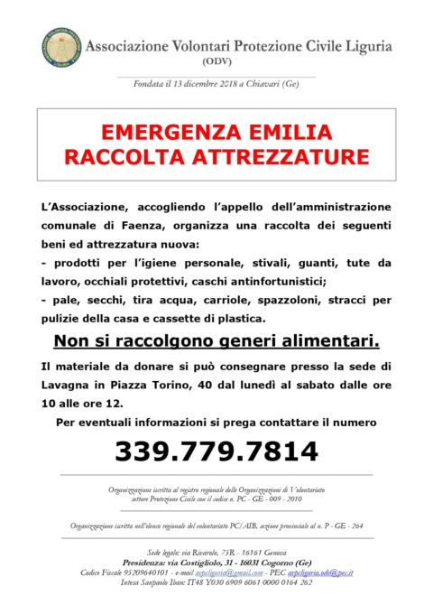 Raccolta di beni e attrezzature per la popolazione alluvionata di Faenza