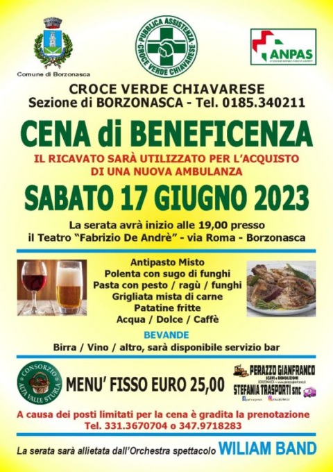 Borzonasca, la Croce Verde Chiavarese organizza una cena di beneficenza