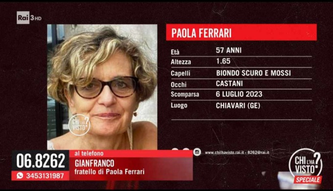 Donna scomparsa a Chiavari, il caso a “Chi l’ha visto?”