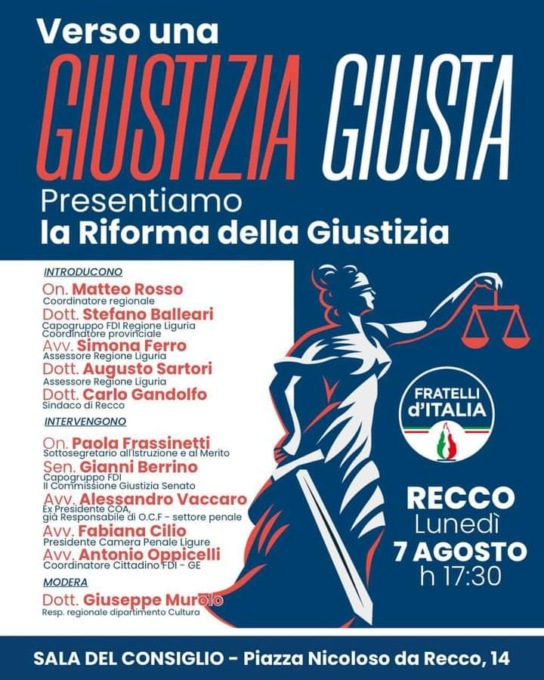 Giustizia giusta, il convegno di Fratelli d’Italia a Recco