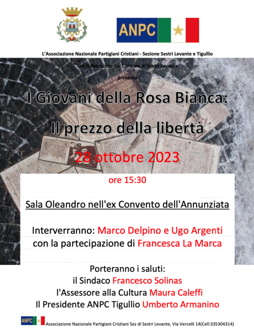 I Giovani della Rosa Bianca: il prezzo della Libertà, sabato 28 ottobre il convegno a Sestri Levante