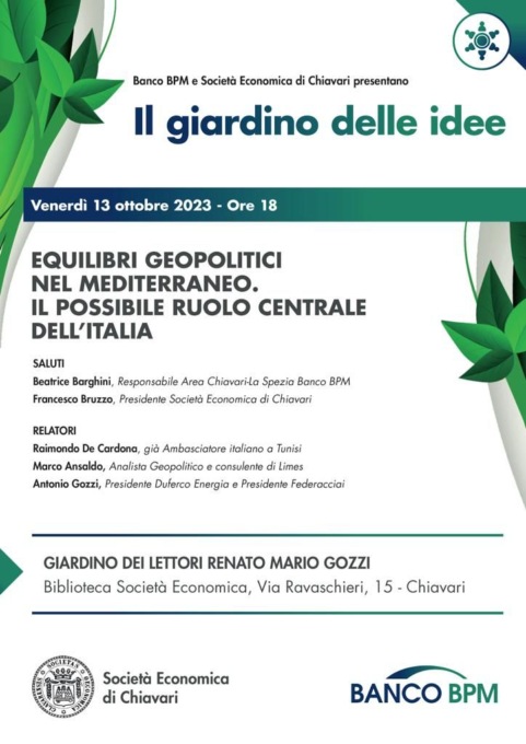 “Equilibri geopolitici nel Mediterraneo”, venerdì 13 ottobre l’appuntamento della Società Economica