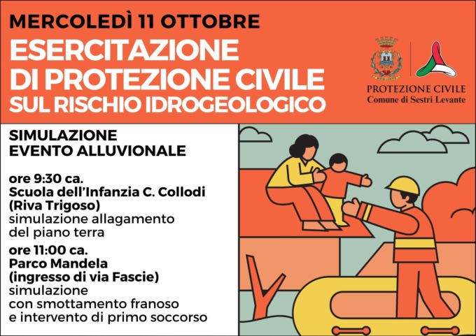 Mercoledì 11 ottobre prima esercitazione di Protezione Civile sul rischio idrogeologico a Sestri Levante