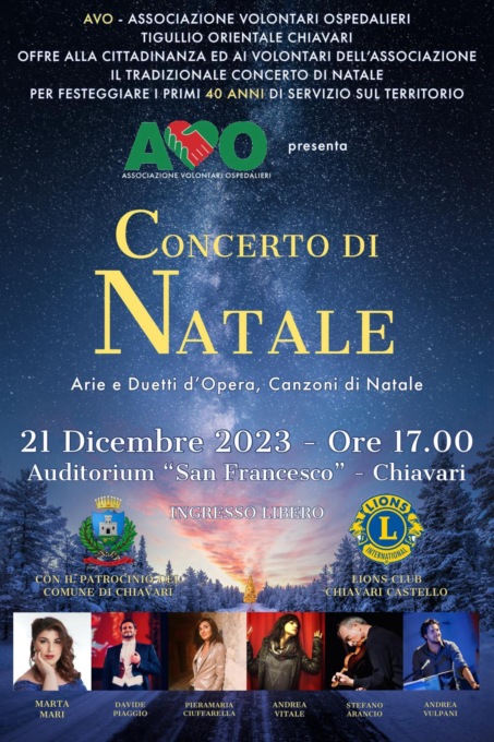 Associazione AVO, il 21 dicembre il Concerto di Natale a Chiavari