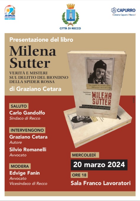 Recco, mercoledì 20 marzo la presentazione del libro “Milena Sutter” di Graziano Cetara