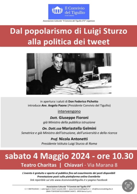 A Chiavari sabato 4 l’incontro “Dal popolarismo di Luigi Sturzo alla politica dei tweet”