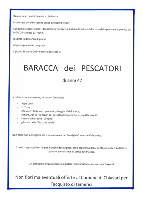 Abbattuta la casa dei pescatori, spunta un manifesto funebre