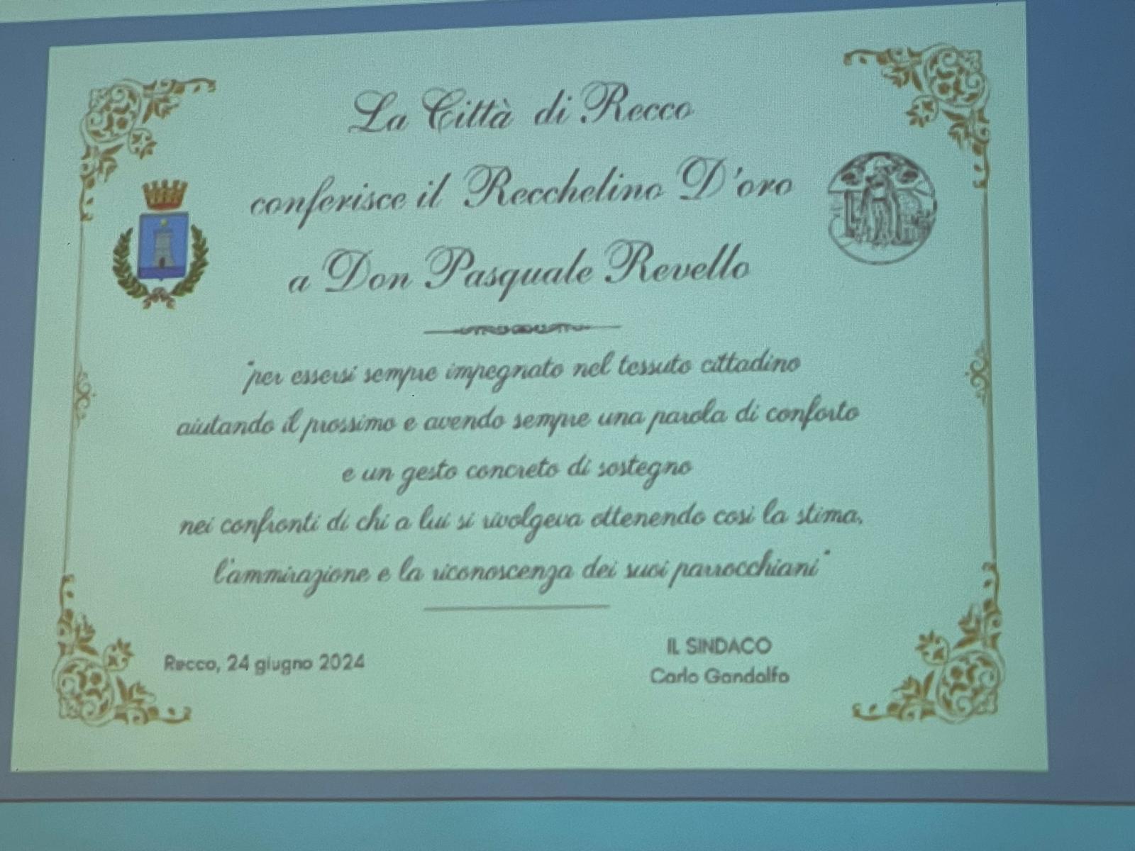 Il “Recchelino D’Oro” consegnato a don Pasquale Revello