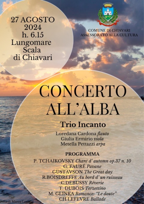 Chiavari, martedì 27 agosto il Concerto all’alba con il Trio Incanto