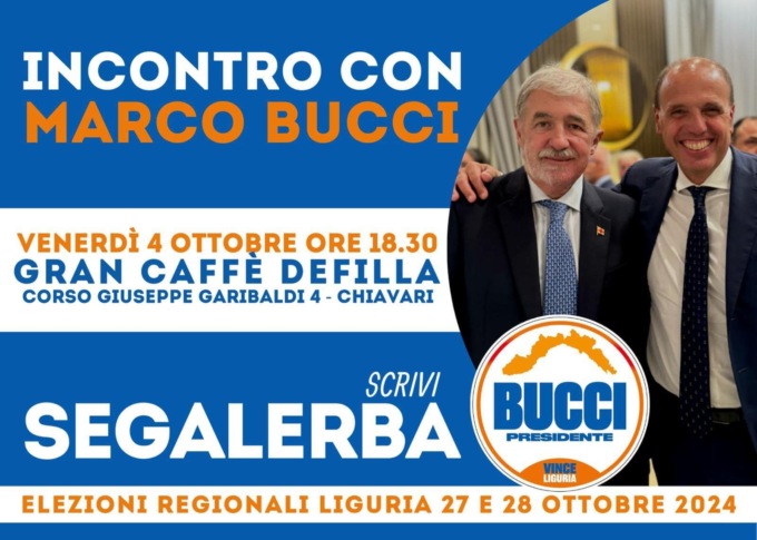 Regionali, venerdì 4 ottobre incontro con Bucci e Segalerba a Chiavari