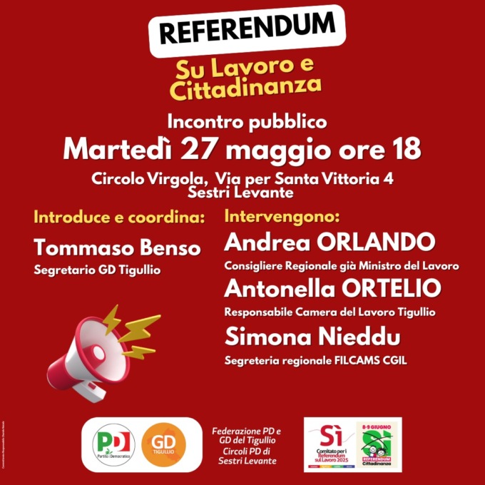 Referendum 8 e 9 giugno: l’incontro delle federazioni del Tigullio del PD e dei Giovani Democratici