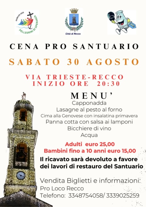 Recco, cena di solidarietà per il restauro del Santuario di Nostra Signora del Suffragio