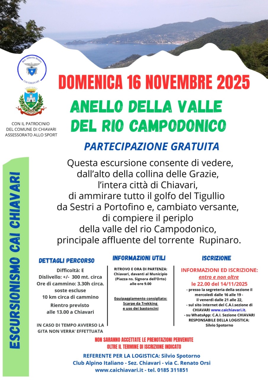 Chiavari, domenica 16 novembre ultima escursione gratuita all’Anello del Rio Campodonico