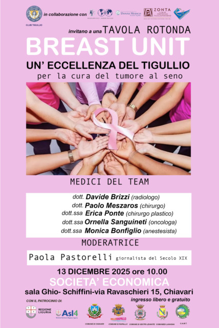 Sabato 13 dicembre a Chiavari il convegno “Breast Unit, un’eccellenza del Tigullio”