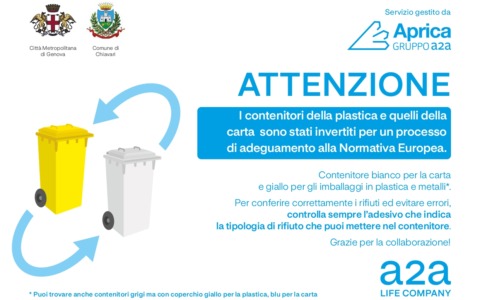 Chiavari, nuovi colori per i contenitori dedicati alla raccolta di carta, plastica e metalli