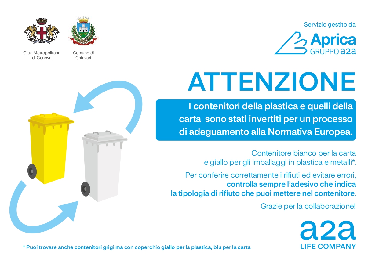 Chiavari, nuovi colori per i contenitori dedicati alla raccolta di carta, plastica e metalli