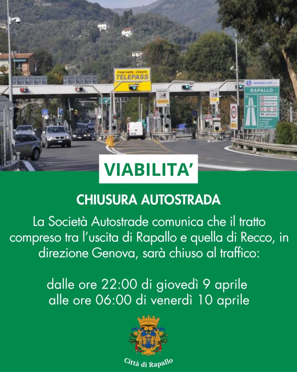 Chiusura notturna dell’A12 tra Rapallo e Recco