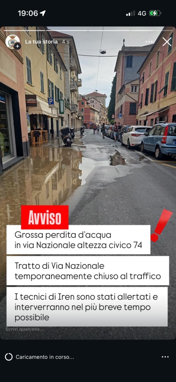 Perdita d’acqua in via Nazionale a Sestri Levante: strada chiusa al traffico