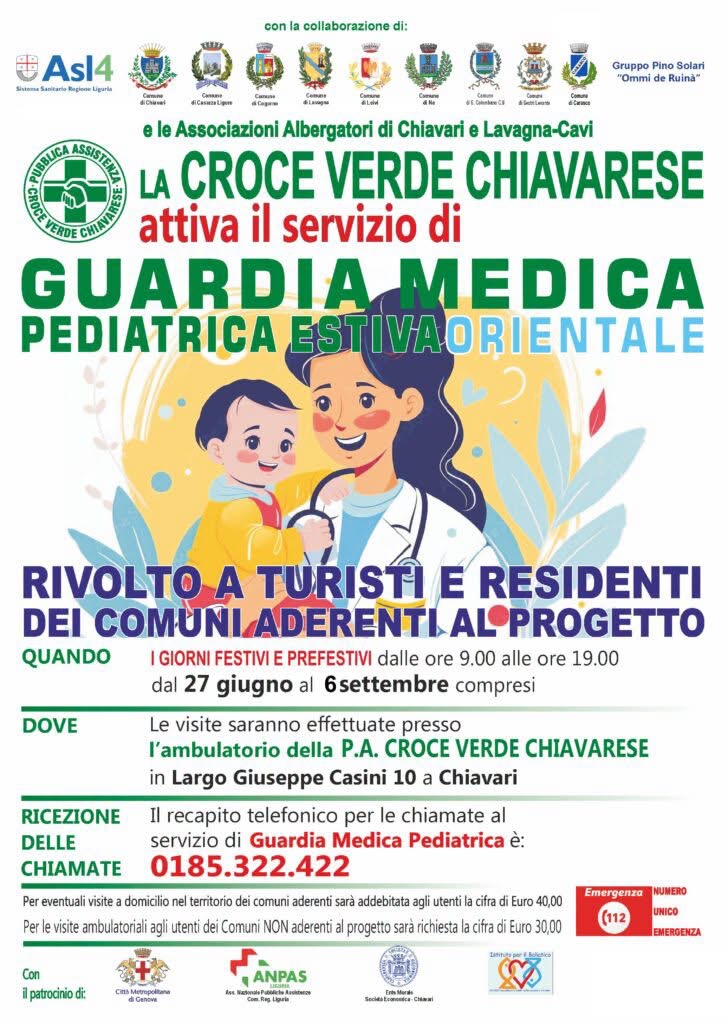 Al via la Guardia Medica Pediatrica Estiva della Croce Verde Chiavarese