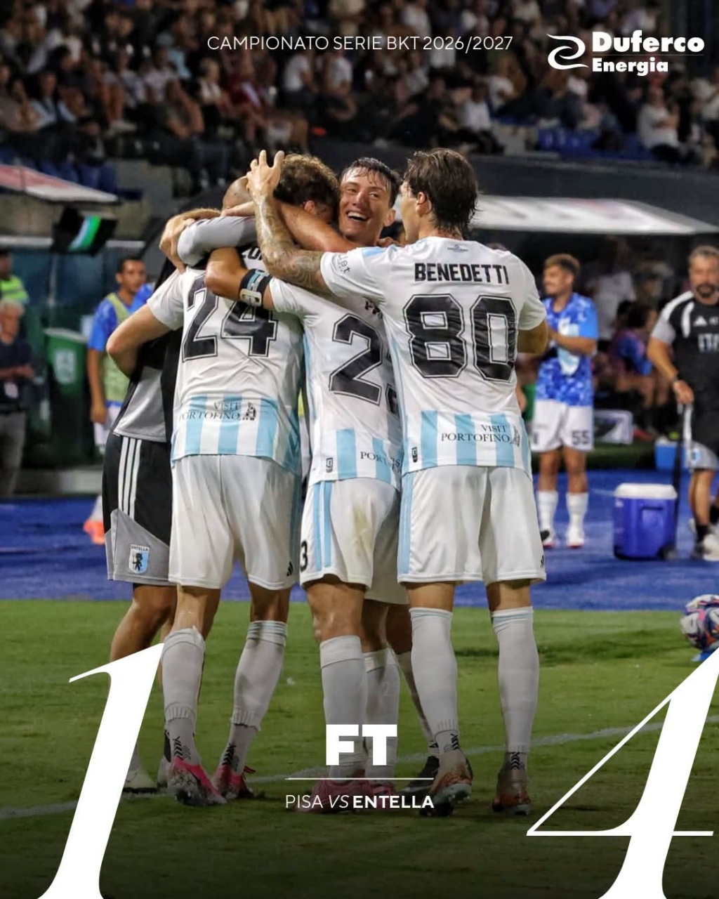 Entella show a Pisa, i biancocelesti calano il poker