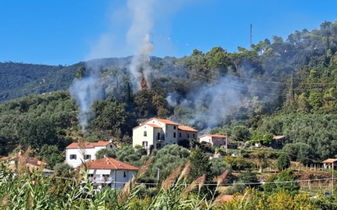 Incendio boschivo a Sestri Levante, vigili del fuoco in azione nella zona di via Sara